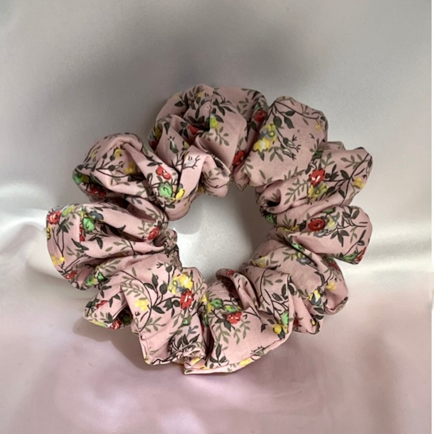 Pink floral cotton scrunchie